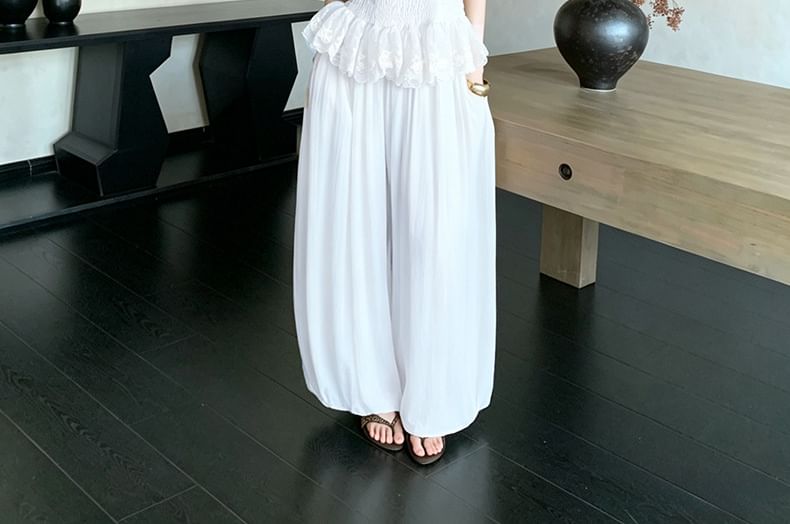 Smocked Peplum Lace Camisole & High-Waist Baggy Pants