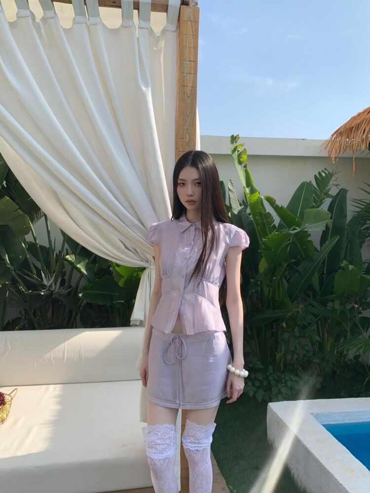 Sheer Panel Cap-Sleeve Crop Blouse & Drawstring Mini Pencil Skirt