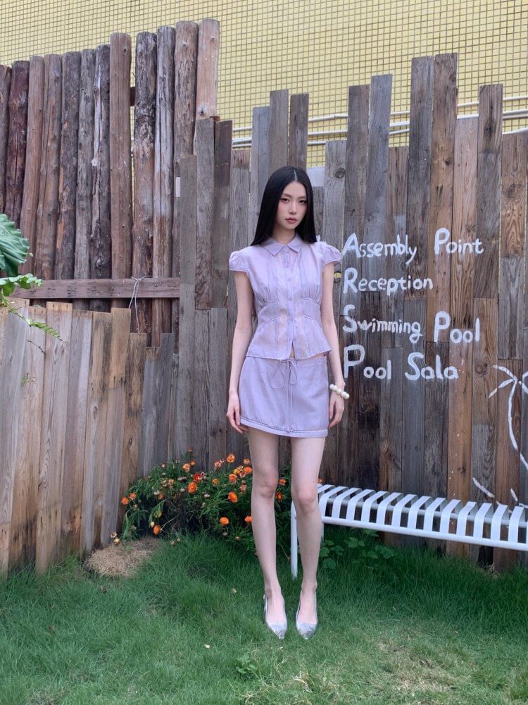 Sheer Panel Cap-Sleeve Crop Blouse & Drawstring Mini Pencil Skirt