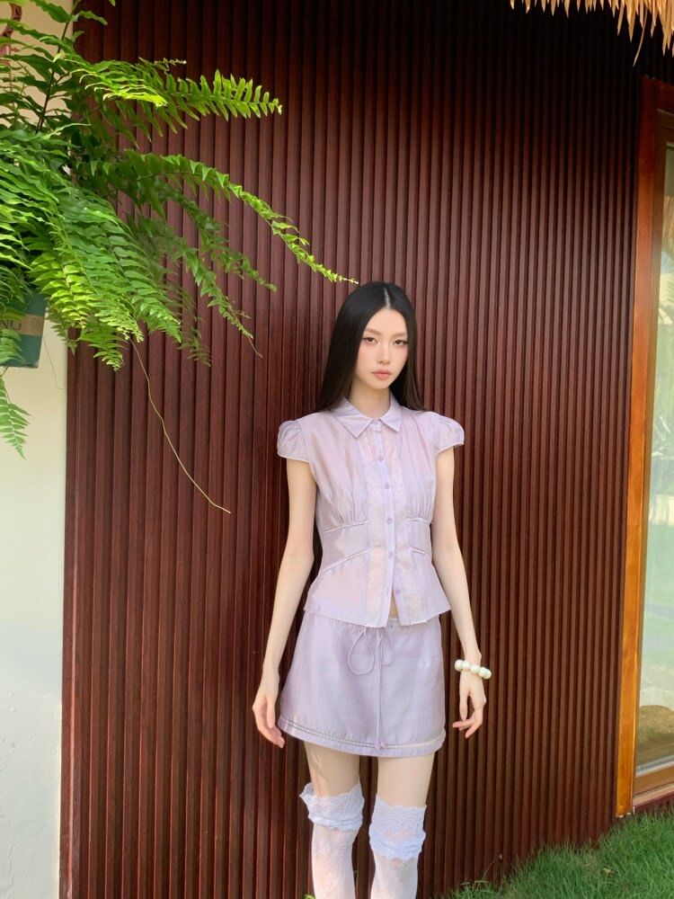 Sheer Panel Cap-Sleeve Crop Blouse & Drawstring Mini Pencil Skirt