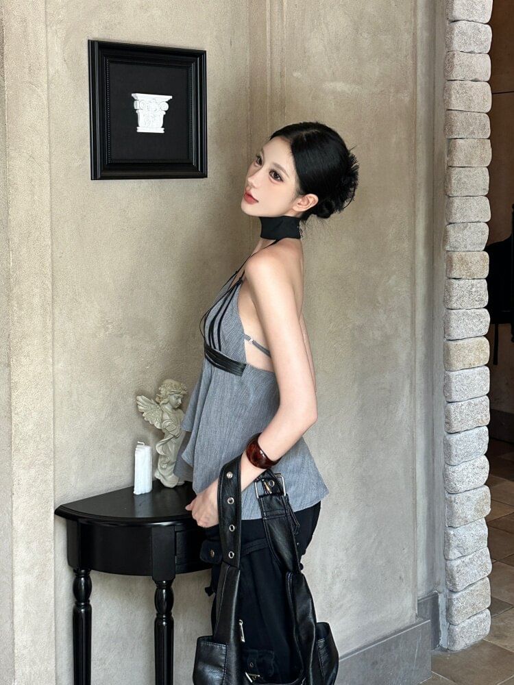 Two-Tone Cutout Open Back Halter Crop Top