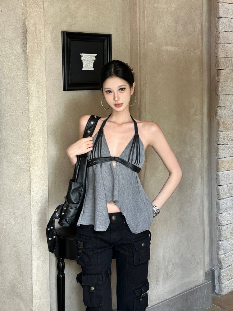 Two-Tone Cutout Open Back Halter Crop Top