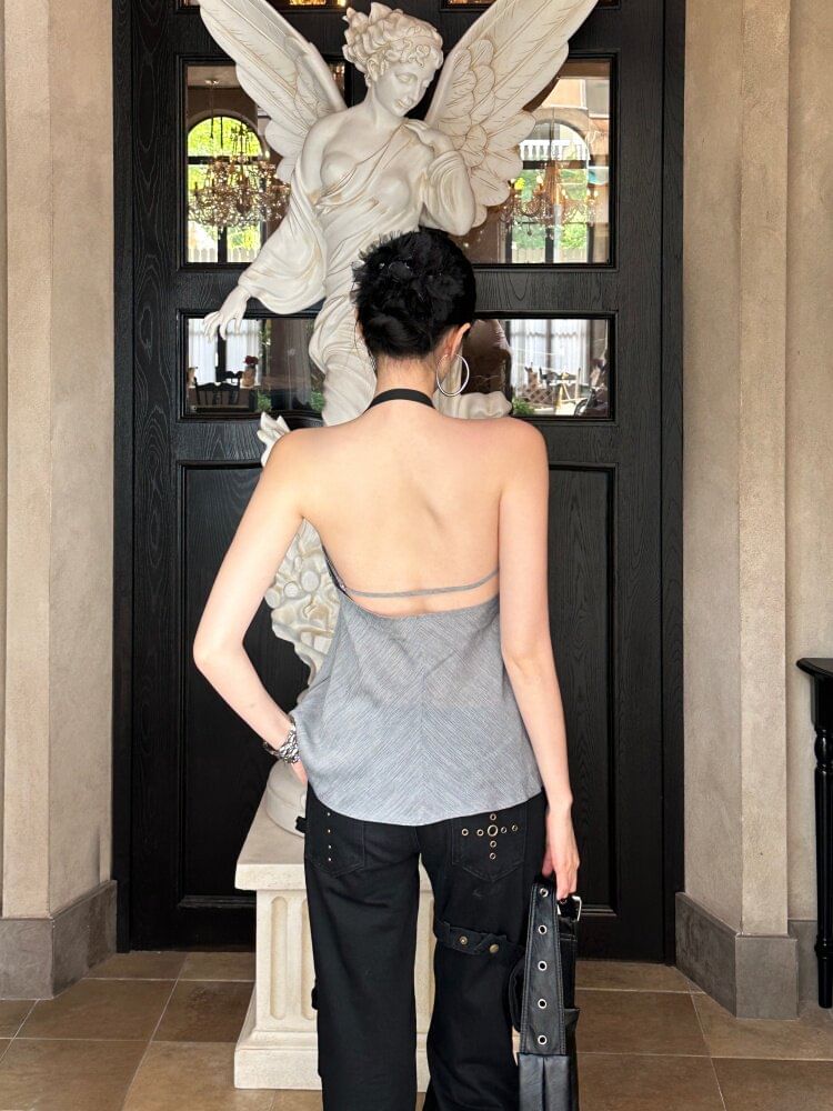 Two-Tone Cutout Open Back Halter Crop Top