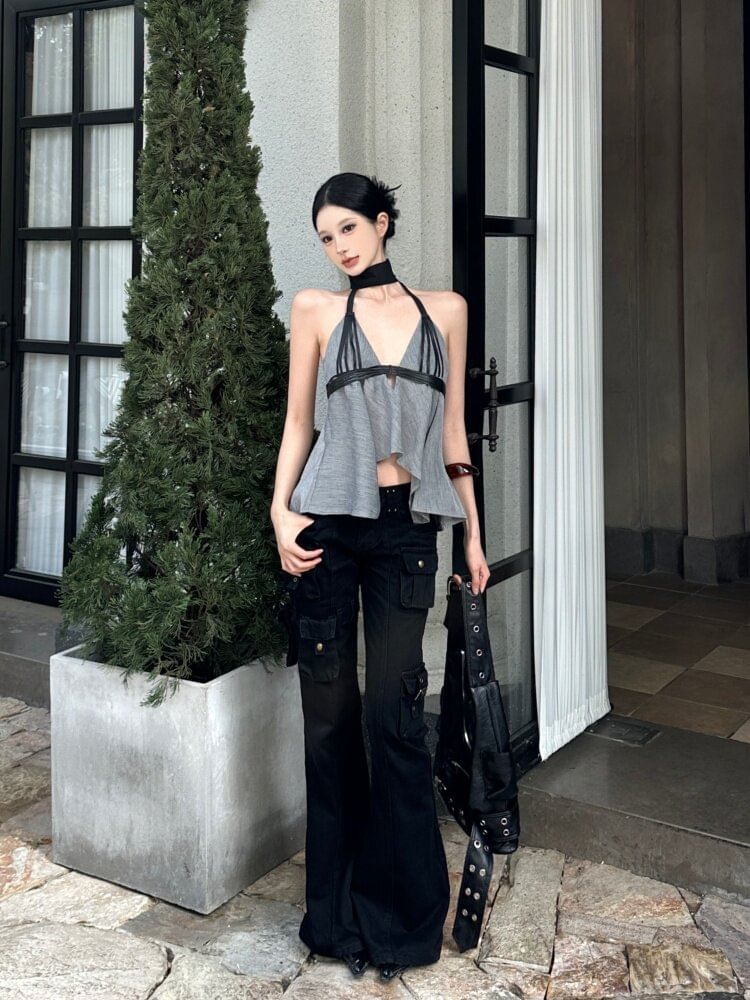 Two-Tone Cutout Open Back Halter Crop Top