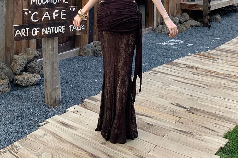 Lace Panel Slim Crop Camisole & Ruched Mermaid Maxi Skirt