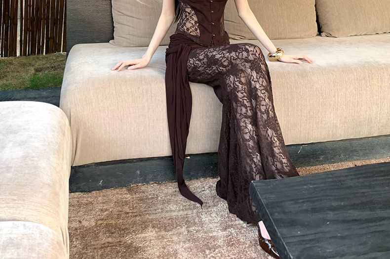 Lace Panel Slim Crop Camisole & Ruched Mermaid Maxi Skirt