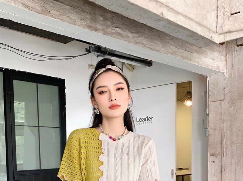Two-Tone Perforated Knit Mini Tee & High-Waist Pleated Skort