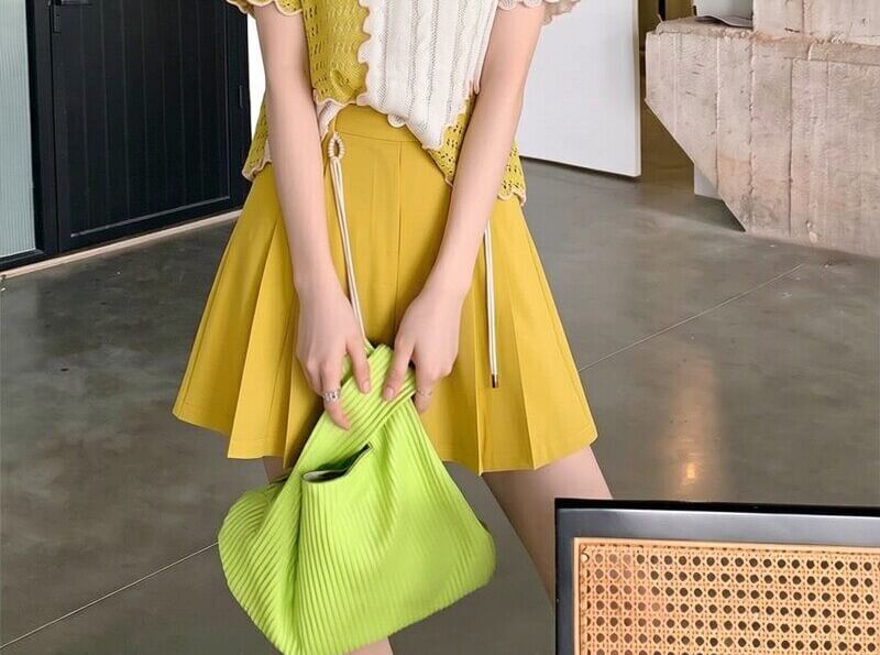 Two-Tone Perforated Knit Mini Tee & High-Waist Pleated Skort