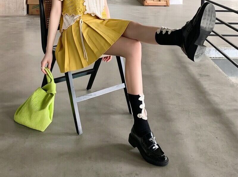 Two-Tone Perforated Knit Mini Tee & High-Waist Pleated Skort
