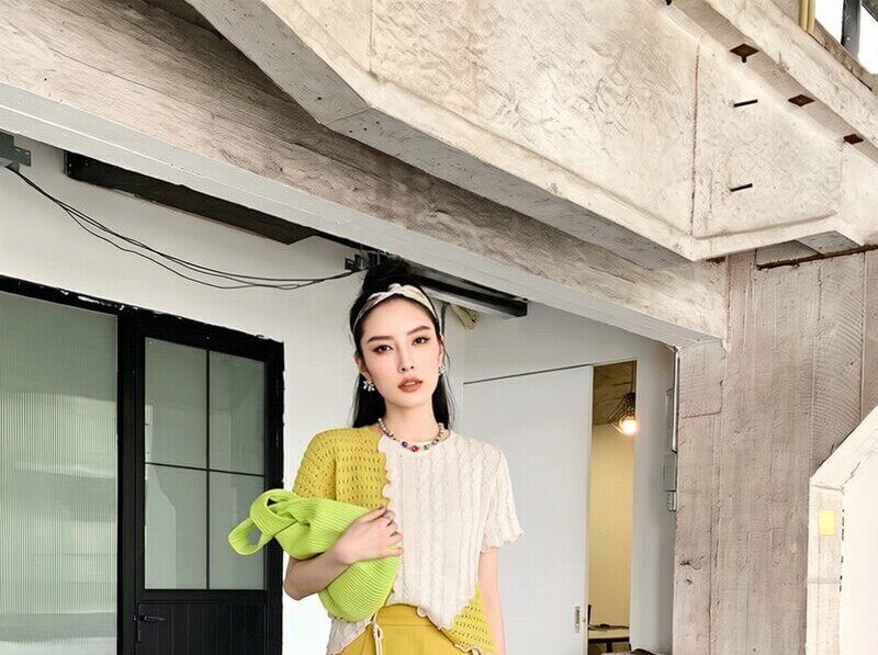 Two-Tone Perforated Knit Mini Tee & High-Waist Pleated Skort