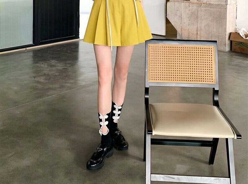 Two-Tone Perforated Knit Mini Tee & High-Waist Pleated Skort