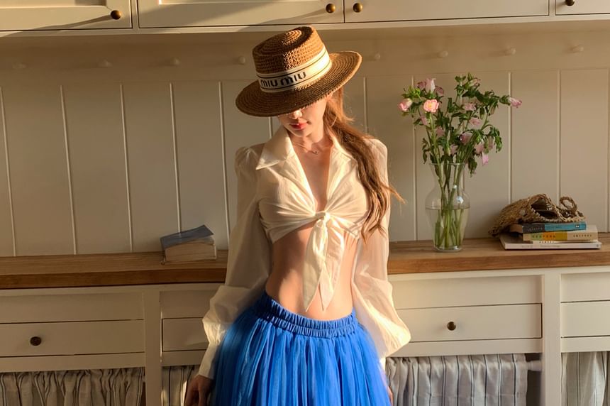 Tie Front Collared Long-Sleeve Blouse & Frill Trim Maxi Skirt