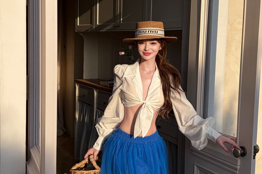 Tie Front Collared Long-Sleeve Blouse & Frill Trim Maxi Skirt