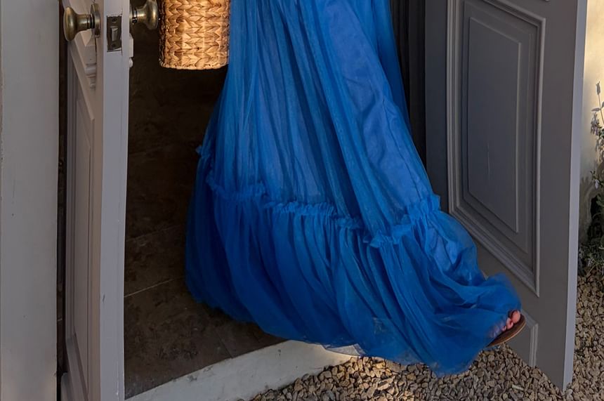 Tie Front Collared Long-Sleeve Blouse & Frill Trim Maxi Skirt