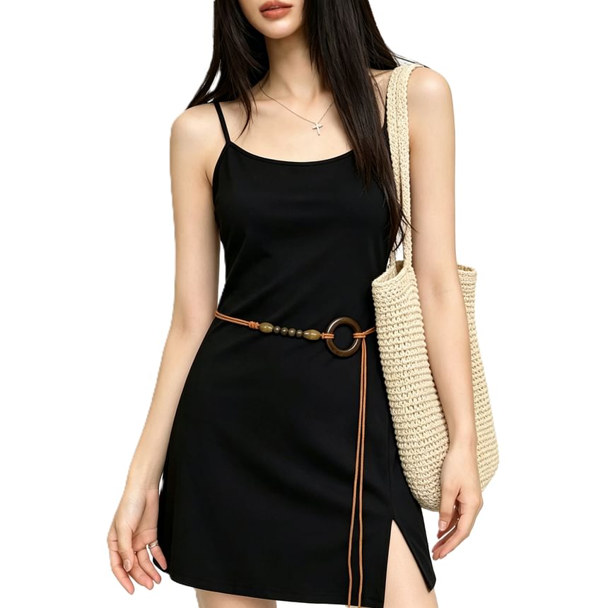 Thin Strap Solid Slit Mini Dress