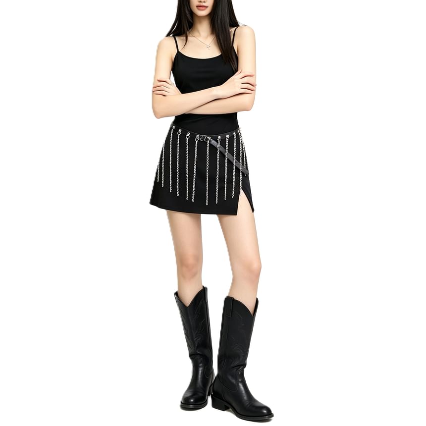 Thin Strap Solid Slit Mini Dress