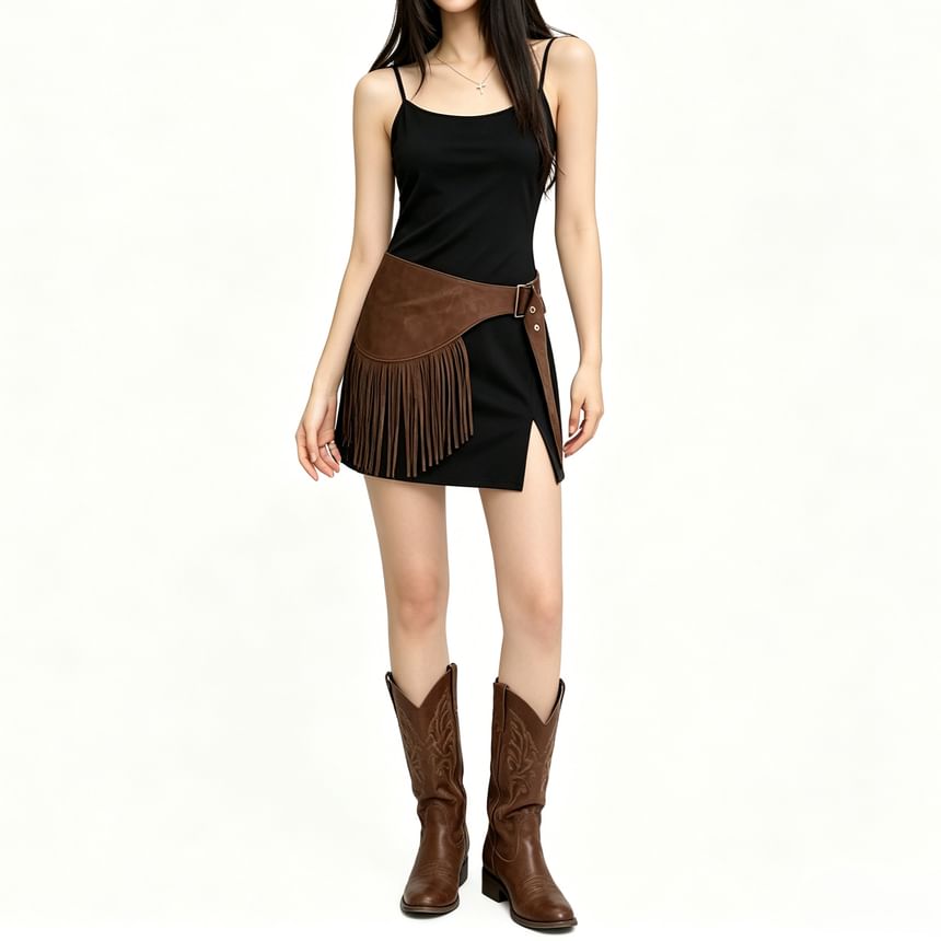 Thin Strap Solid Slit Mini Dress