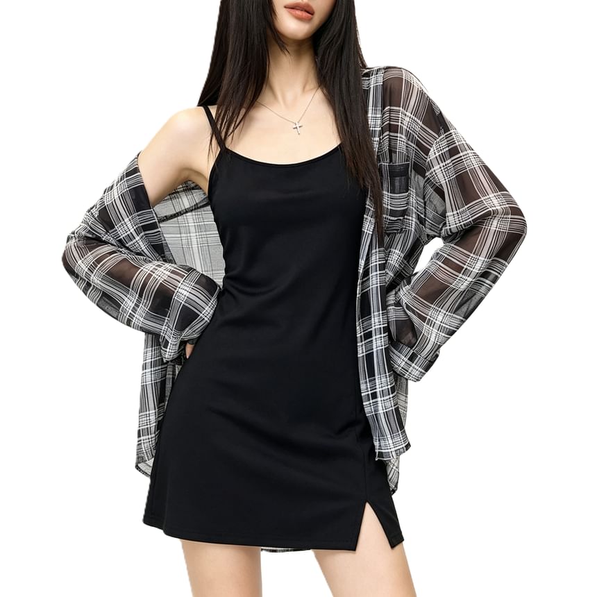 Thin Strap Solid Slit Mini Dress
