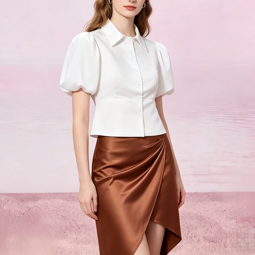 Spread Collar Puff Sleeve Peplum Blouse