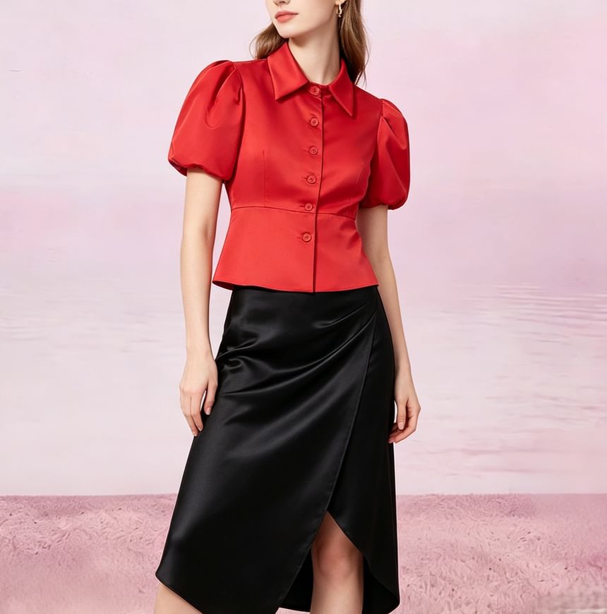 Spread Collar Puff Sleeve Peplum Blouse