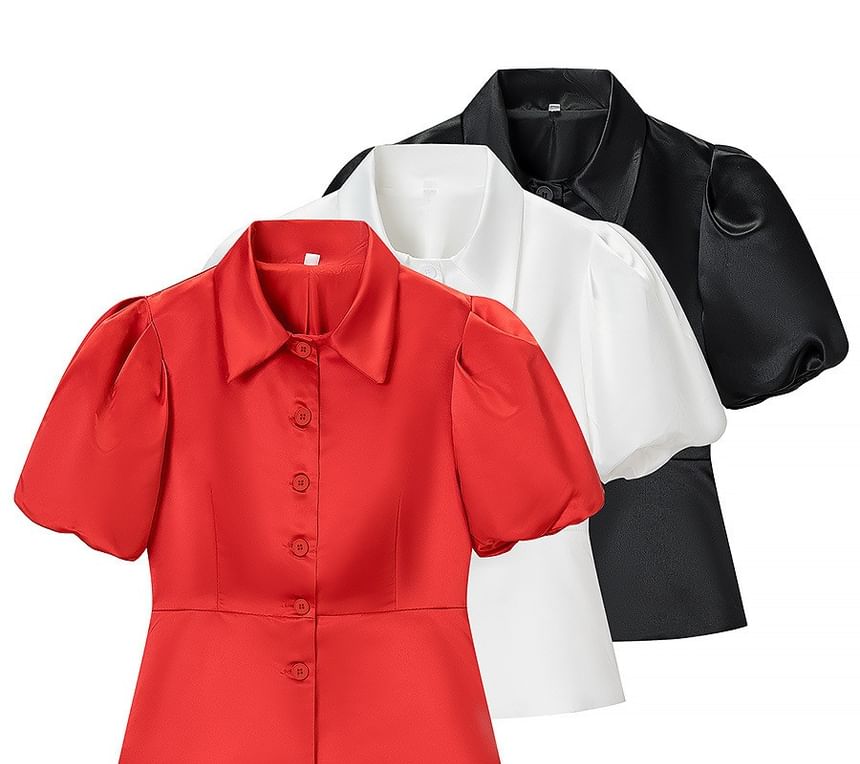 Spread Collar Puff Sleeve Peplum Blouse