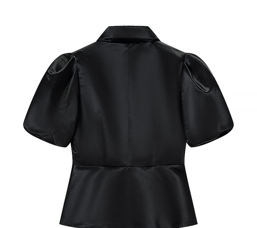 Spread Collar Puff Sleeve Peplum Blouse