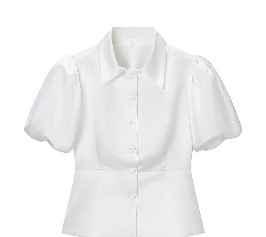 Spread Collar Puff Sleeve Peplum Blouse