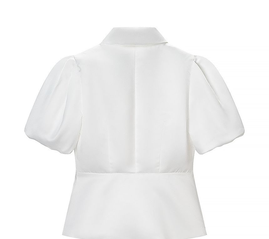 Spread Collar Puff Sleeve Peplum Blouse