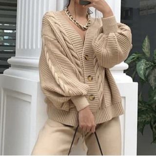 Puff Sleeve V-Neck Cable Knit Cardigan