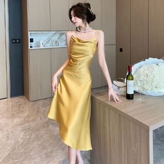 Thin Strap Cowl Neck Solid Asymmetrical Midi A-Line Dress
