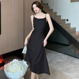 Thin Strap Cowl Neck Solid Asymmetrical Midi A-Line Dress