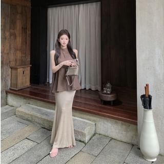Slit Neck Tank Top with Mermaid Hem Maxi Skirt