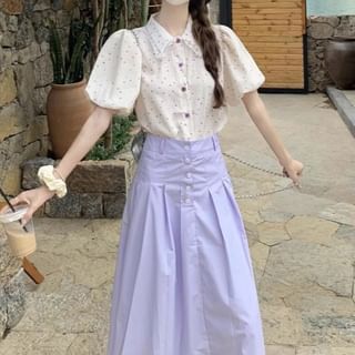 Polka Dot Collared Short Sleeve Blouse with Midi Skirt
