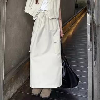 Button-Down Collared Top with Solid Flared Midi Skirt