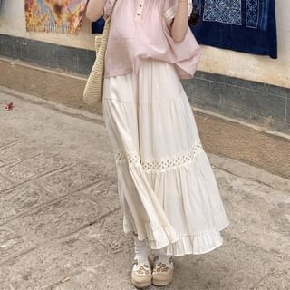Lace Trim Crew Neck Top with Midi A-Line Skirt