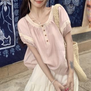 Lace Trim Crew Neck Top with Midi A-Line Skirt