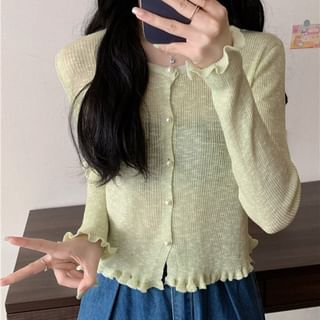 Faux Pearl Button Trim Cardigan with Ruffles