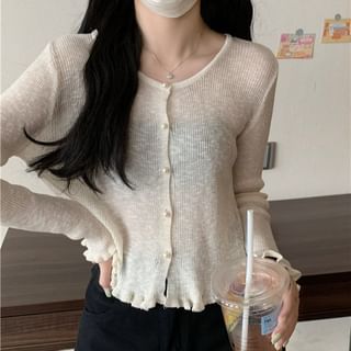 Faux Pearl Button Trim Cardigan with Ruffles
