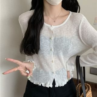 Faux Pearl Button Trim Cardigan with Ruffles