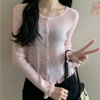 Faux Pearl Button Trim Cardigan with Ruffles