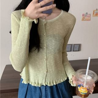 Faux Pearl Button Trim Cardigan with Ruffles
