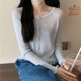 Faux Pearl Button Trim Cardigan with Ruffles