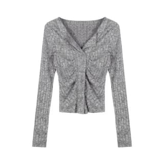 Long Sleeve Collar V-Neck Ribbed Slim Fit Knit