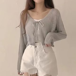 Long Sleeve Tie Front Eyelet Knit Cardigan