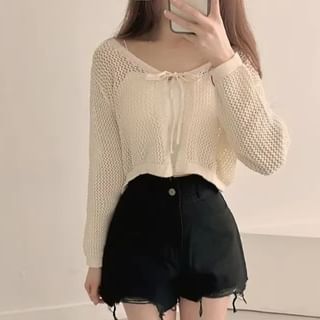 Long Sleeve Tie Front Eyelet Knit Cardigan