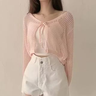 Long Sleeve Tie Front Eyelet Knit Cardigan