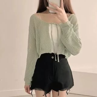 Long Sleeve Tie Front Eyelet Knit Cardigan
