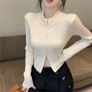 Mock Neck Solid Ribbed Zip Front Cropped Sweater
