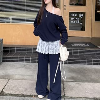Boatneck Sweatshirt with Lace Cami and Baggy Pants
