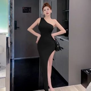 One Shoulder Sleeveless Slit Sheath Maxi Dress